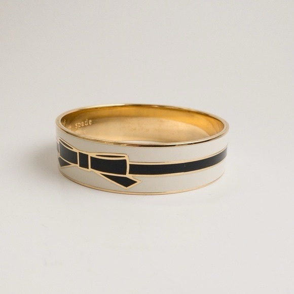 Kate Spade Enamel All Wrapped Up Bangle Cuff Bracelet Black White Enamel Gold - Picture 3 of 6